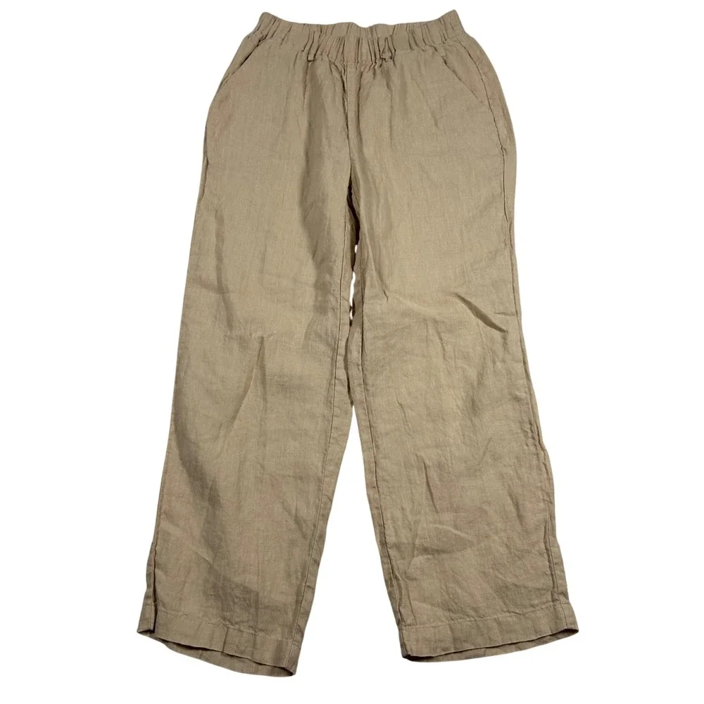 Quince Linen Pants Womens XS Tan Beige Elastic Waist Straight Leg Sustainable